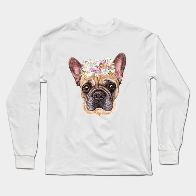 Cute French Bulldog Puppy with Flower Wreath Long Sleeve T-Shirt by AdrianaHolmesArt